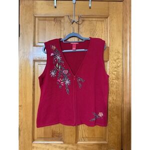 Merry & Bright Red Christmas Vest Womens XL Full Zip Embroidered Holiday Festive